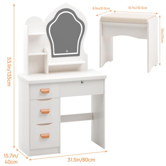 Makeup Vanity Desk with LED Lighted Crown-shaped Mirror, Vanity Table with 4 Drawers and Opening Shelves, Bedroom Dressing Table with