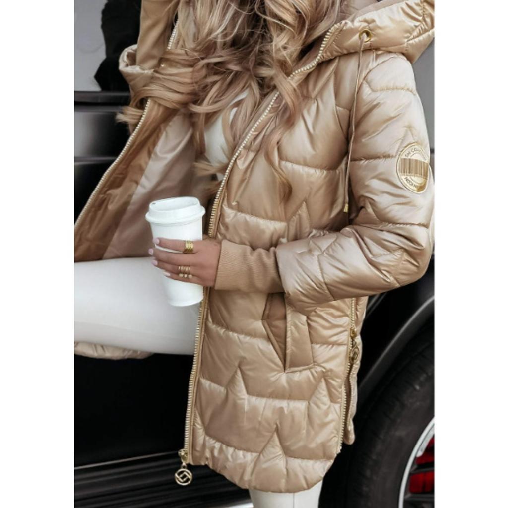 2025 Herbst Winter Damen Lang geschnittene Baumwoll-Daunenjacke mit Kapuze Drei Reißverschlüsse Warme Oberbekleidung