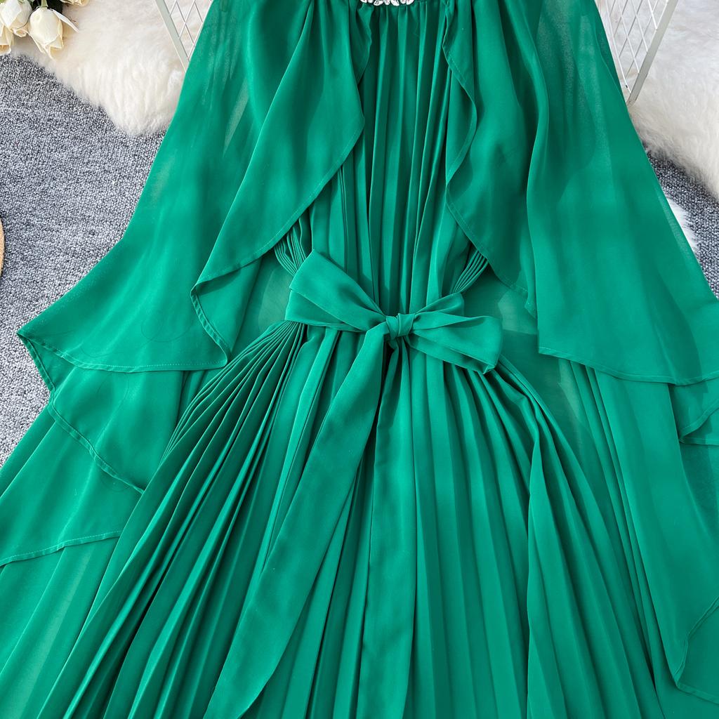 Elegante vestido largo plisado de gasa con cuello redondo, cordones y mangas estilo capa vintage para mujer, ropa de calle de moda