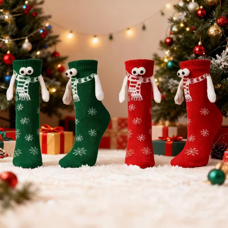 1 Pair Knitted Hand-Holding Magnetic Socks – Trendy & Funny Couple Socks for Christmas Gift, Unique & Creative Holiday Gift