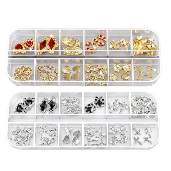1 Set 3D Nail Art Charms 12 Grids Metal Love Heart Flower Butterfly Charms DIY Nail Design Crafting Manicure Decoration Accessories