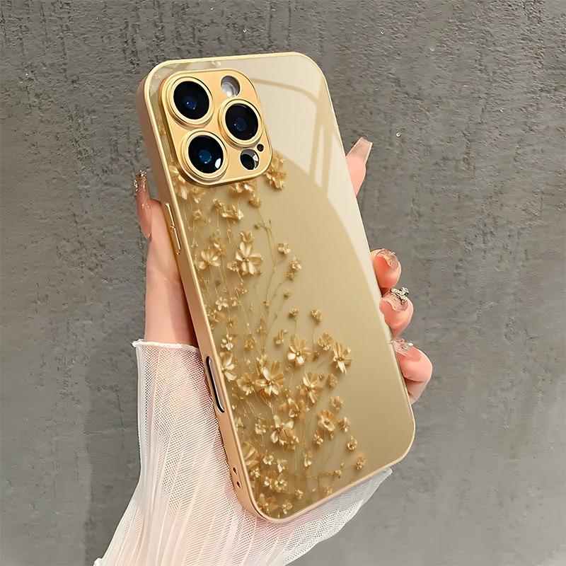 Elegante Fiore Dorato Vernice Metallica Oro Custodia in Vetro per Telefono Per iPhone 17 16 15 14 13 12 11 Pro Max 15 14 Plus 17 Air 16E Copertura