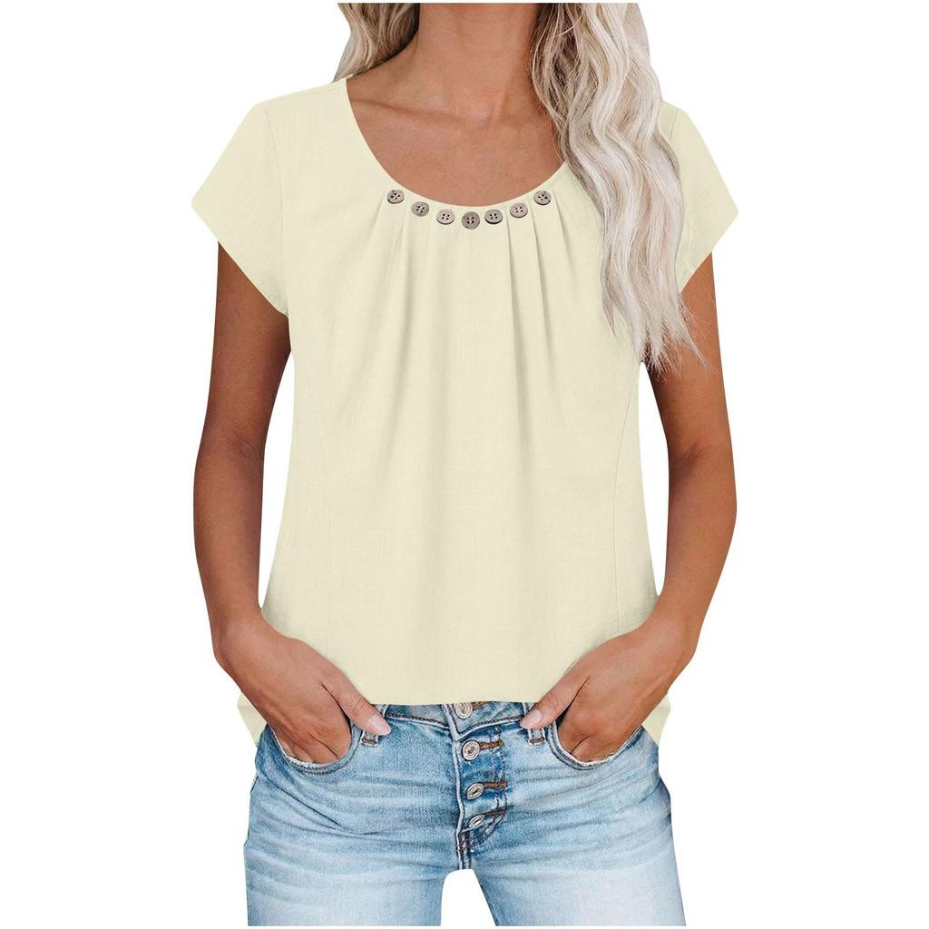 Women's Casual Pleated Button-Up Short-Sleeve T-Shirt Top