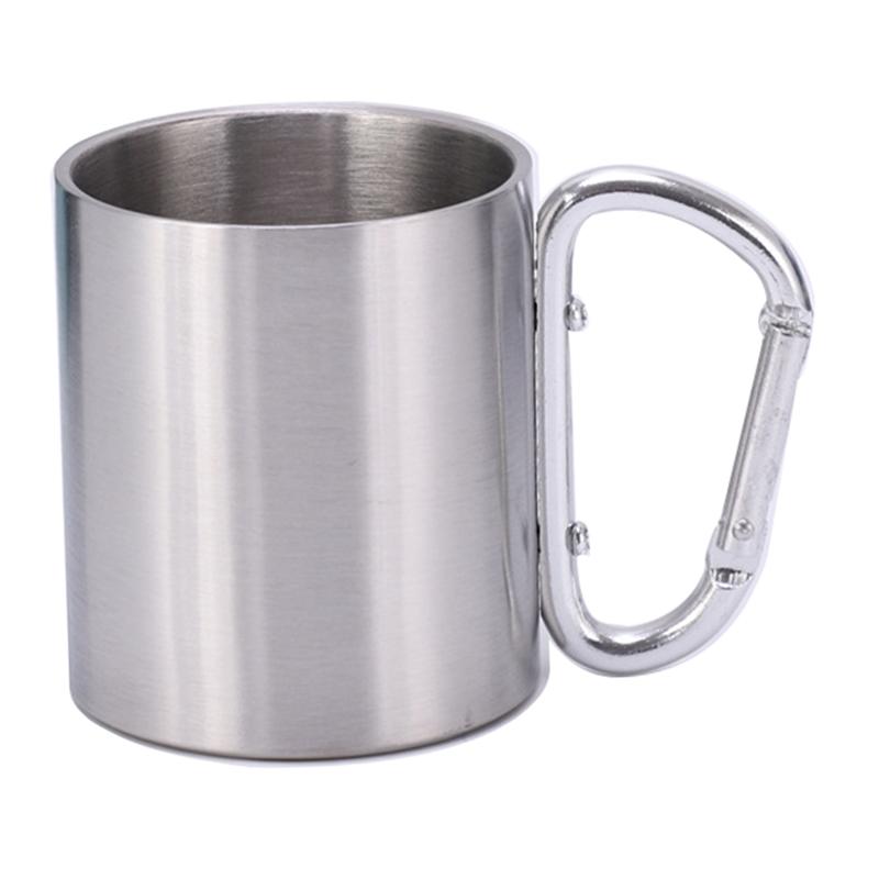 

220ML Stainless Steel Camping Mug Portable Outdoor Hiking Coffee Cup Drinks Cup with Carabiner (No FDA Certification) Silver