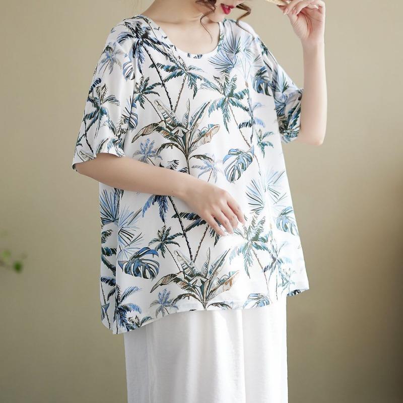 Womens Leaf Print Blouse Casual Round Neck Short Sleeve Loose Fit Top