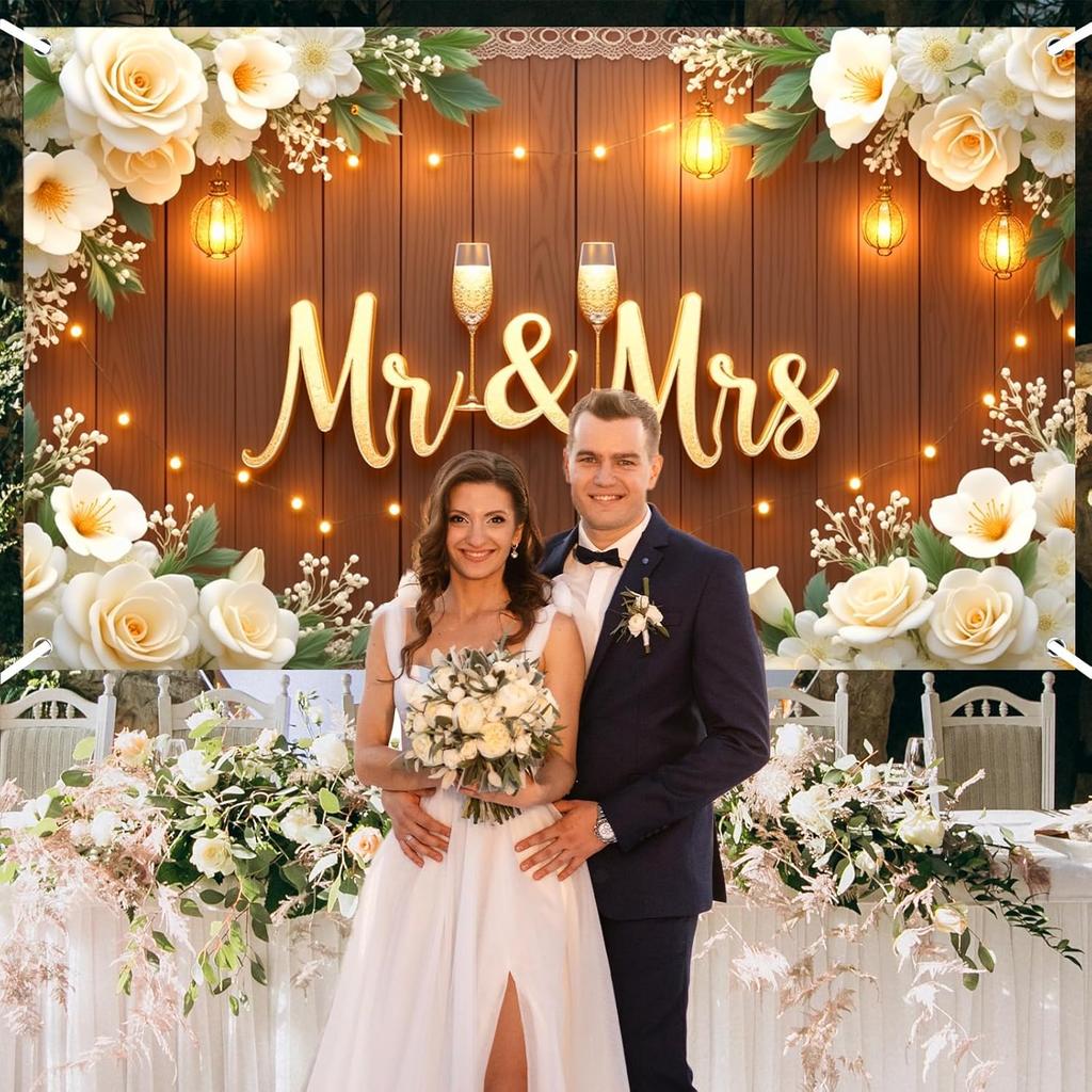 Mr & Mrs Wedding Backdrop Banner Party Decorations Engaged Banner Photo Booth Props Wedding Shower Party Decoration for Reception Bridal Shower