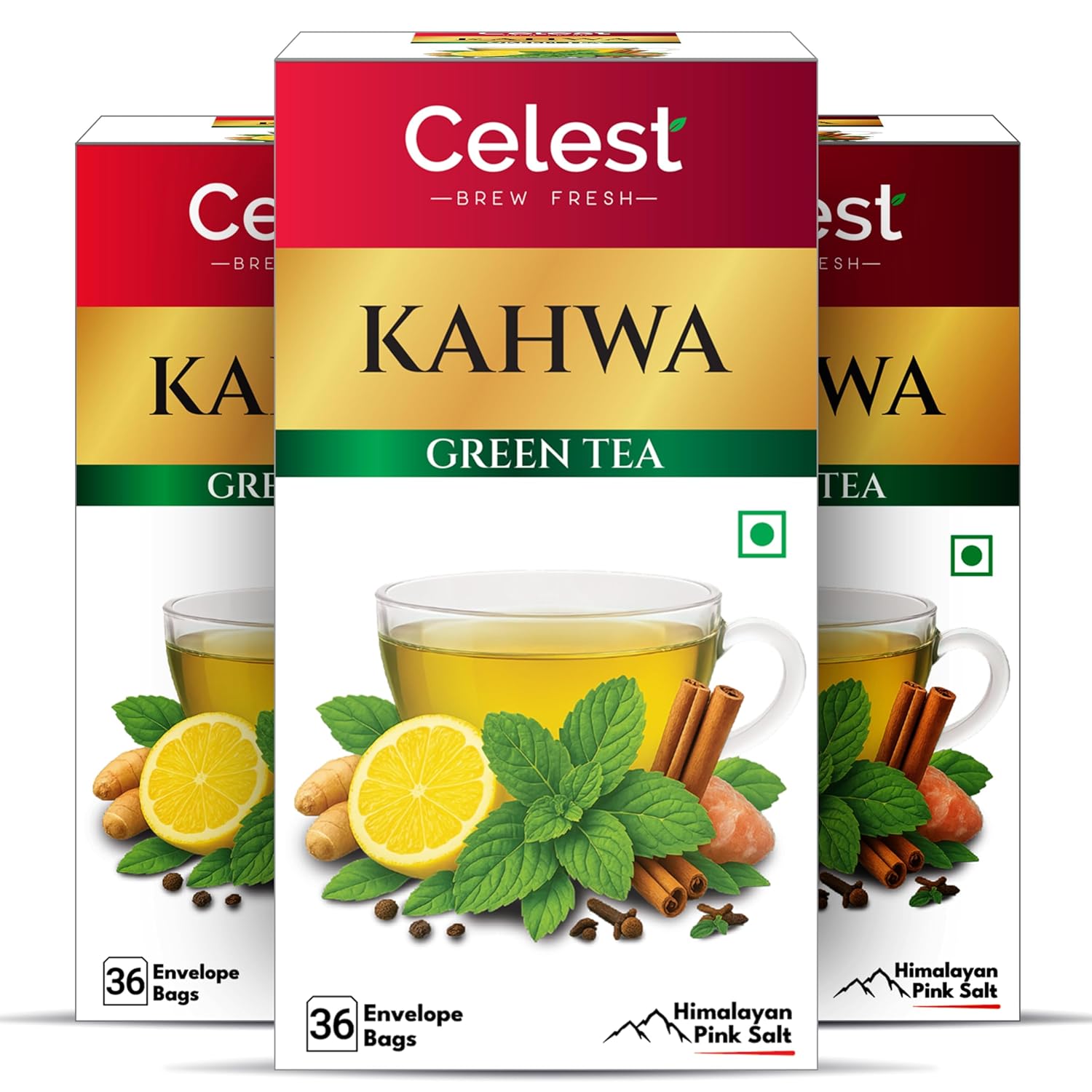 Celest Kahwa Green Tea 36 Bags x 3 Packs Detox Herbal Tea with Spices and Refreshing Flavor