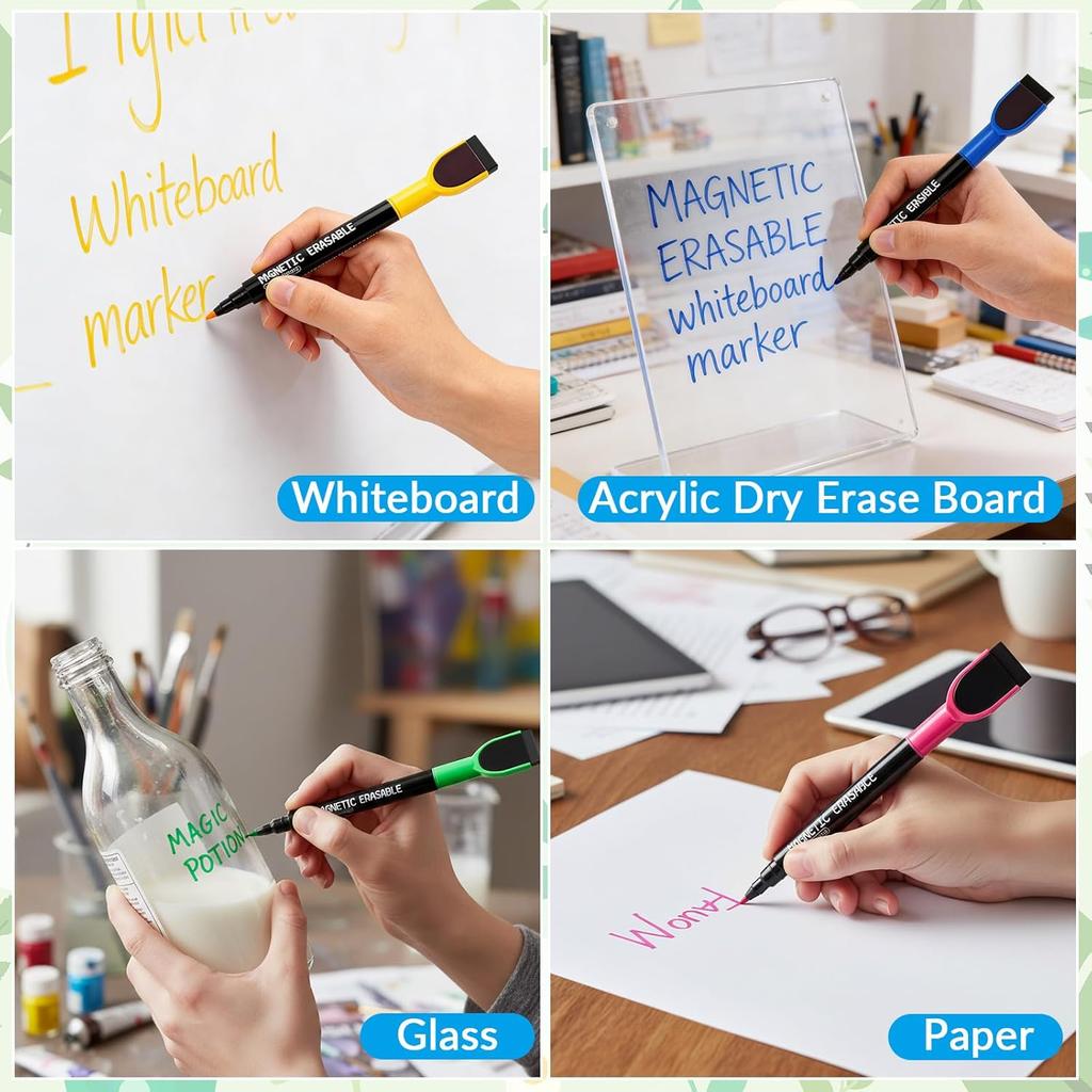 Dry Erase Markers, 12Pcs Colorful Magnetic Whiteboard Markers, 1mm Fine Tip Magnetic Dry Wipe Pens with Eraser Cap, Low Odor Thin Dry Erase Markers
