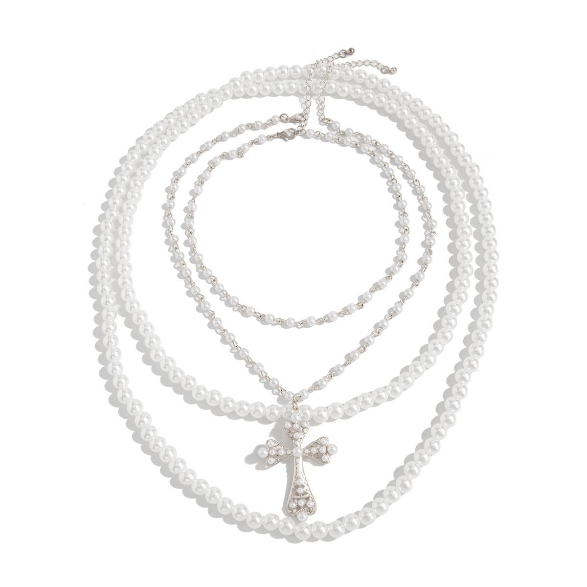 

Multilayer Imitation Pearl Choker Necklace for Men Women Goth Jesus Cross Pendant Party Jewelry Accessory