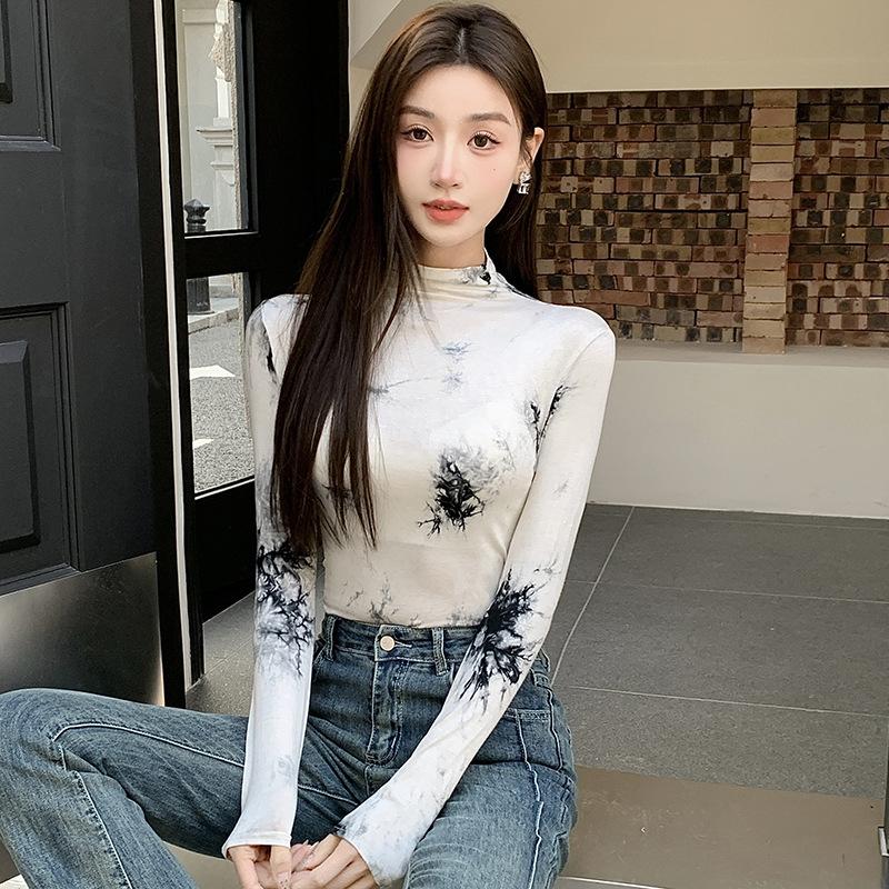 

8 чернильная базовая рубашка женская ретро тренд универсальная полуводолазка с градиентным принтом тай-дай женские топы на весну и осень XXL (125-70 kg recommended) белый