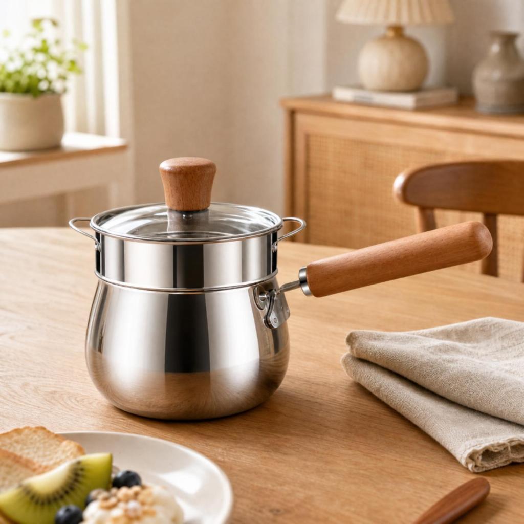 Stainless Steel Milk Saucepan Even Heating Pan with Wooden Handle Uncoated