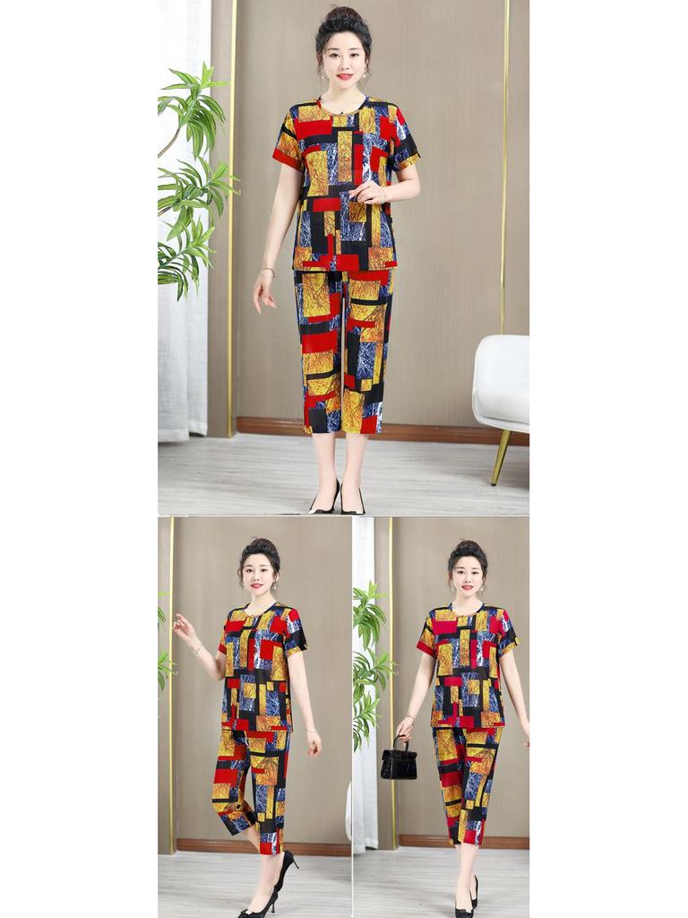 Ice Silk Summer Set for Middle-Aged & Elderly Women - Short-Sleeve Casual Homewear Pajamas