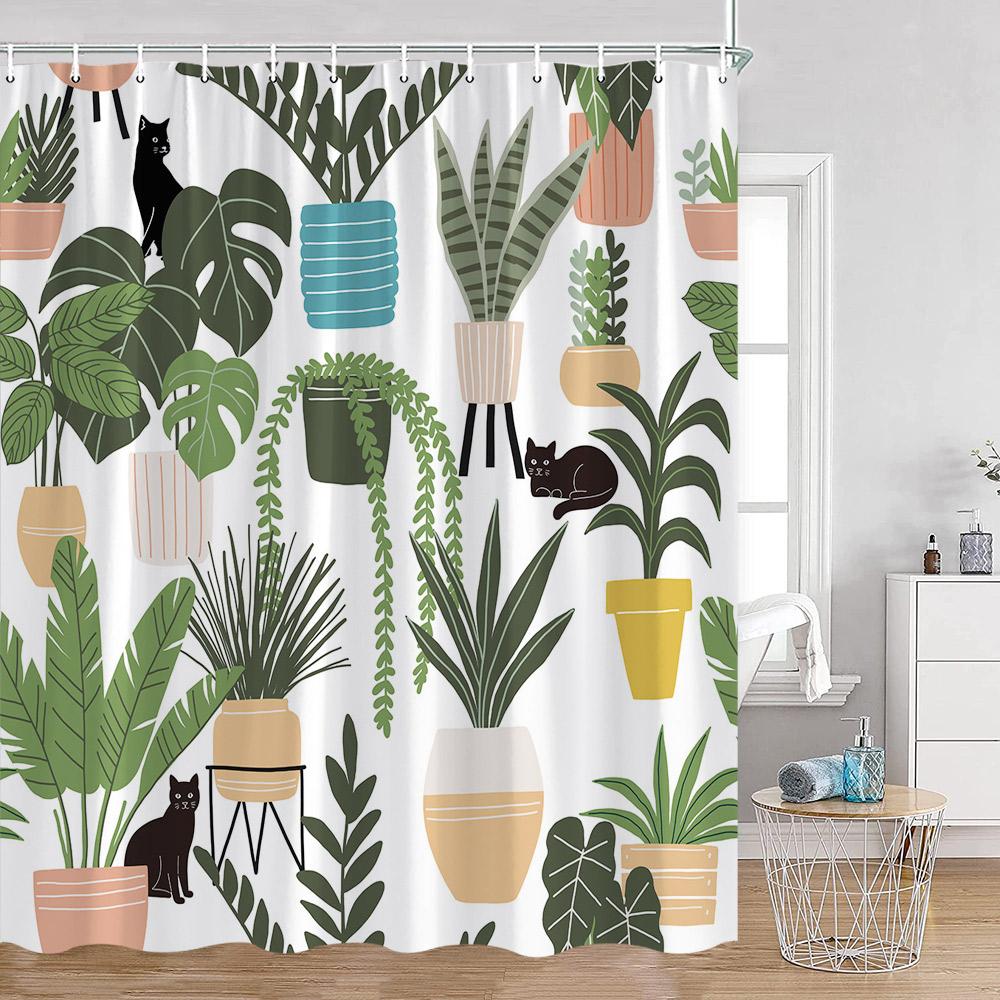 

Зелені Кімнатні Рослини Шторки для Душу Мультяшні Коти Підвісні Тропічні Листя Декорації Для Ванної Поліестерова Тканина Шторка для Ванної 120x180cm-47x70in