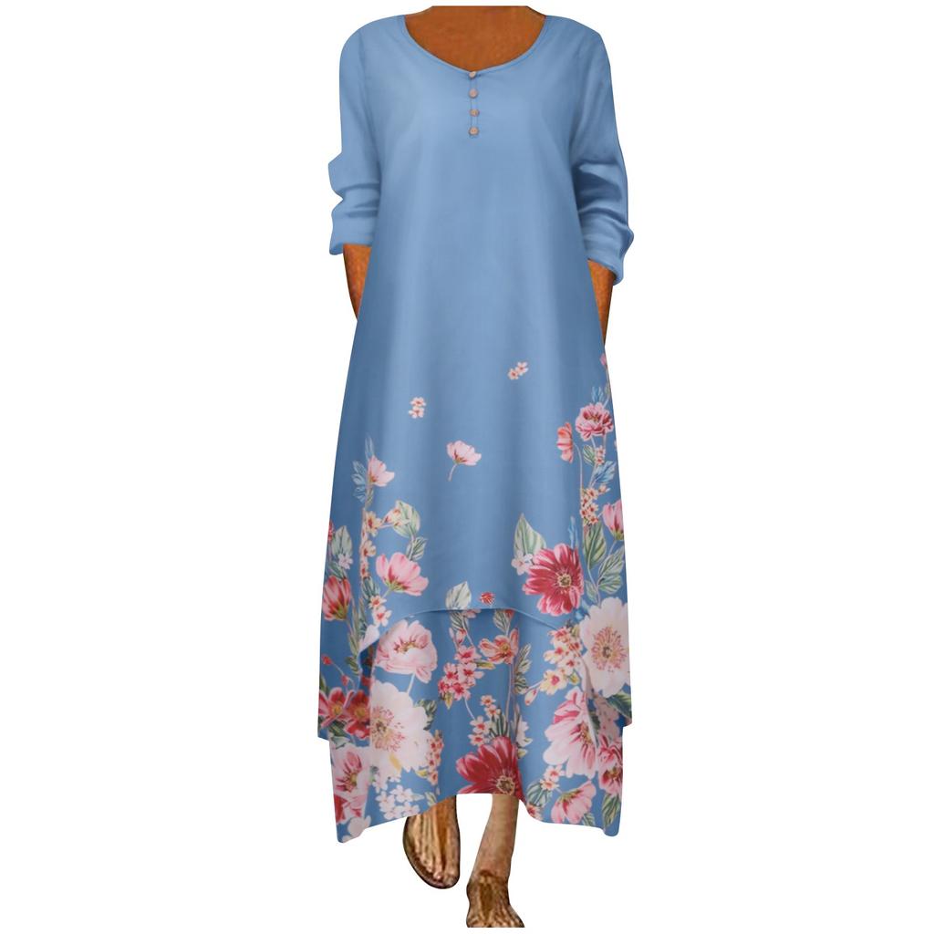 Womens Long Sleeve Floral Print O Neck Long Sleeve Irregular Loose Splice Maxi Dresses