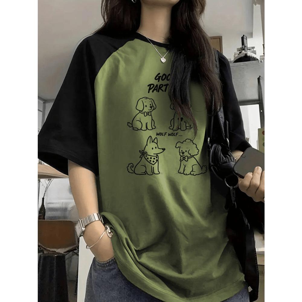 Casual women s fashionable short-sleeve T-shirt with cartoon animal color blocks and raglan sleeves. XXS