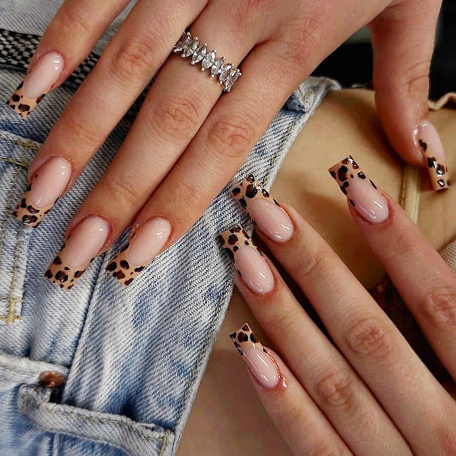 

24 шт. накладных ногтей с леопардовым принтом и пилочкой для ногтей с полным покрытием, наклеиваемые на ногти, искусственные ногти, длинные, накладные ногти