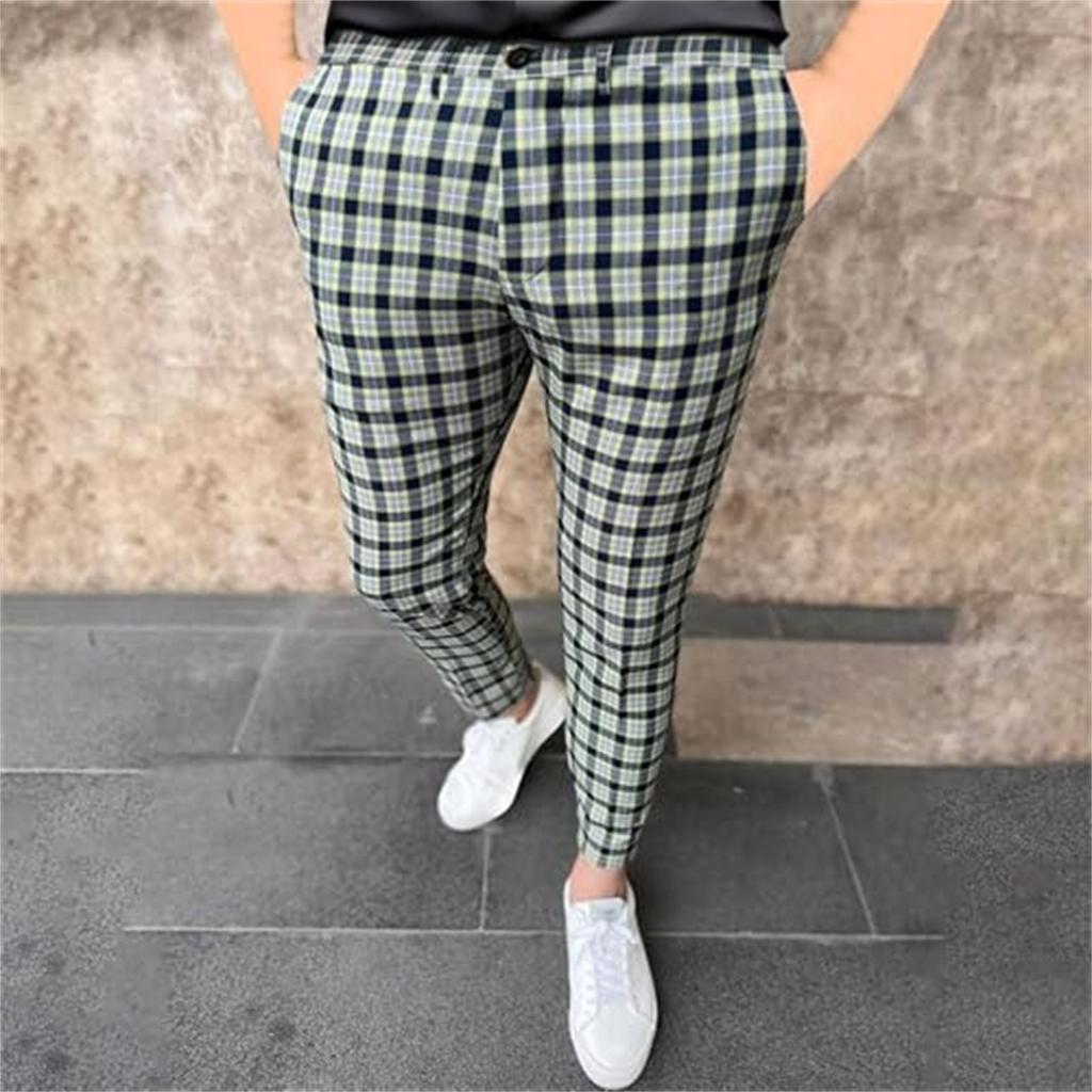 Mens Casual Fashion Multi-color Digital Print Plaid Suit Pants