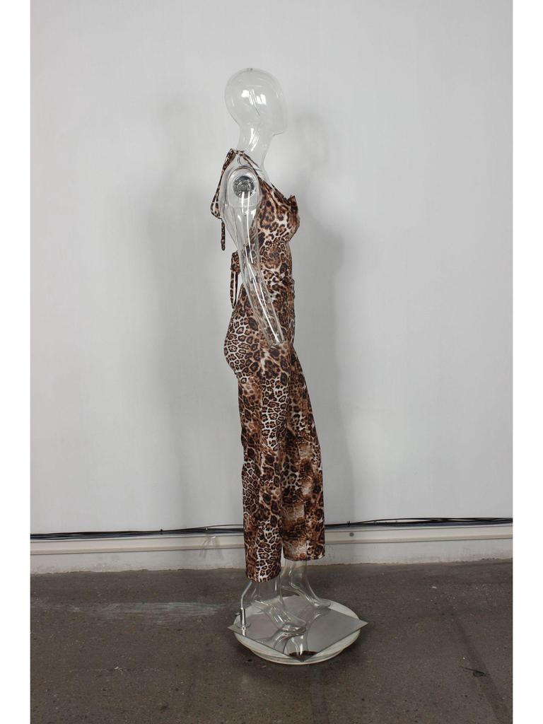 European & American Leopard Print Lace-up Halter Backless Top and Slim Long Pants Set