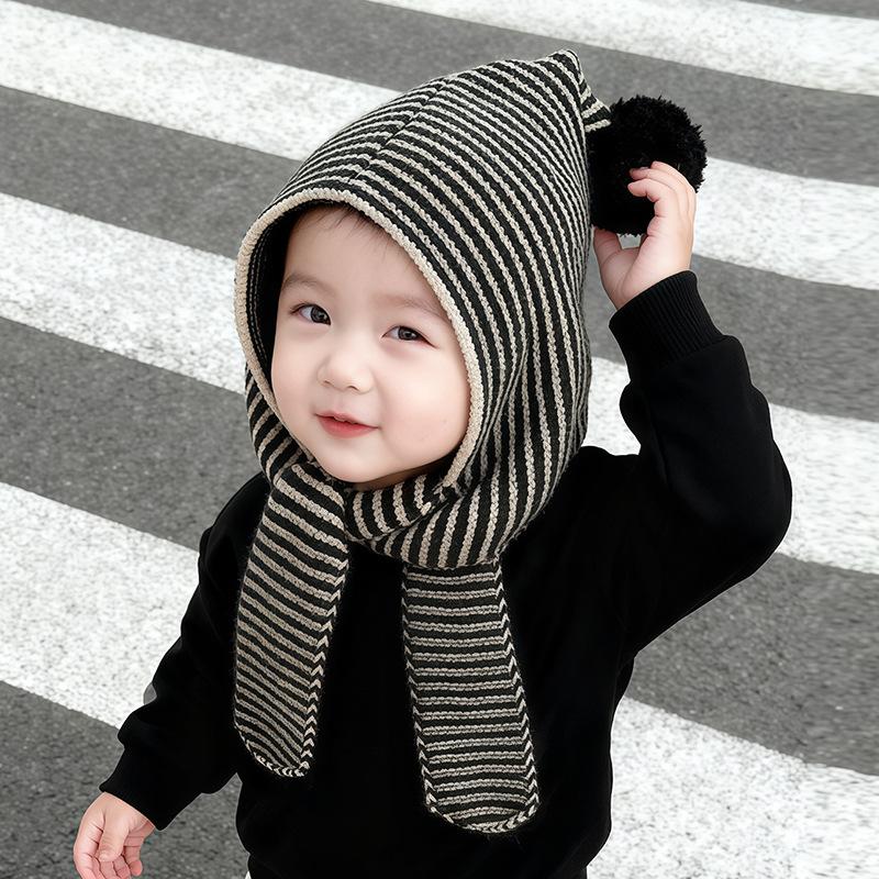 Kids Autumn-Winter Warm Thick Knit Hat Scarf Set Versatile Wool Knitted Ear Protector Cap Skullies For Boys And Girls