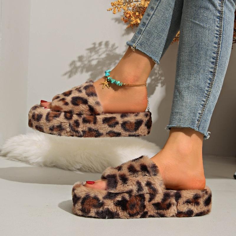 Autumn and winter new home thick bottom heightening retro leopard print fluffy slippers women wear versatile cotton slippers