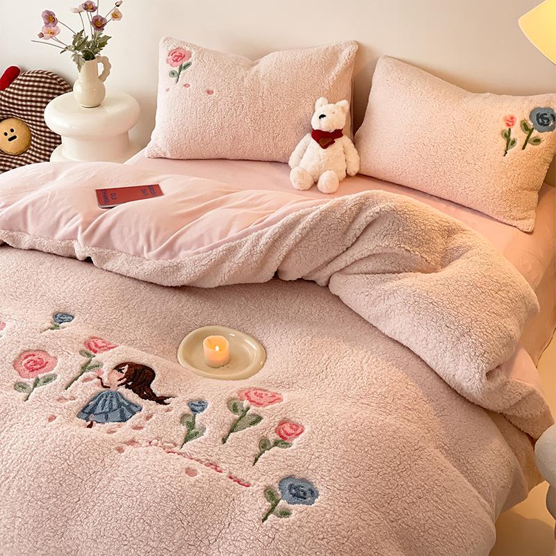 Cartoon Lamb Wool Four-Piece Set Thickened Milk Fleece Quilt Cover Coral Fleece Bedding Fleece Sheets