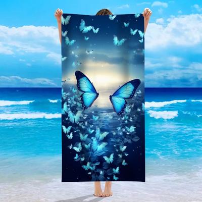 Dreamy Night Sky Blue Butterfly Print Beach Towel Soft Quick Dry Absorbent Sand Free Swim Towel Summer Vacation Beach Blanket
