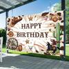 A birthday banner for a cowboy from the west made of polyester fiber suitable for both home and party use.
