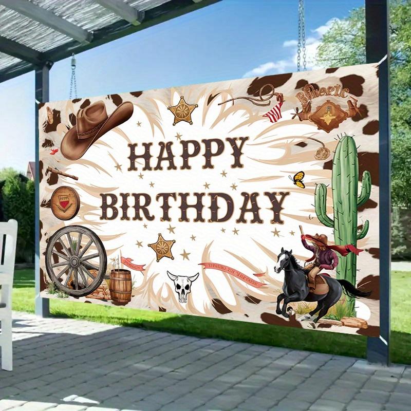 A birthday banner for a cowboy from the west made of polyester fiber suitable for both home and party use.