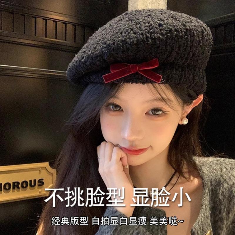 Bow lamb plush beret women's autumn and winter new painter hat show face small hat