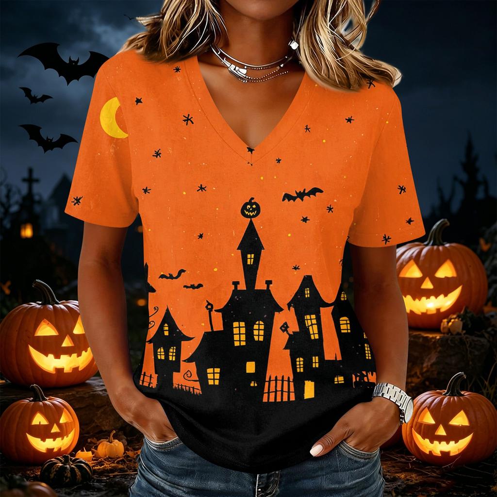 Women's Casual Short Sleeve Halloween Print V Neck Pullover Top Lightweight Comfortable Fit Seasonal Graphic Tee for Everyday Wear