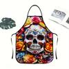 1pc Color-Blocked Floral Skull Print Apron - Durable Polyester Unisex Kitchen Apron for Cooking, BBQ, Gardening Painting Stylish