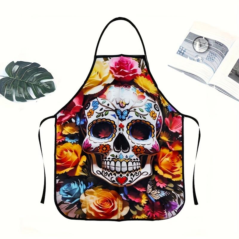 1pc Color-Blocked Floral Skull Print Apron - Durable Polyester Unisex Kitchen Apron for Cooking, BBQ, Gardening Painting Stylish