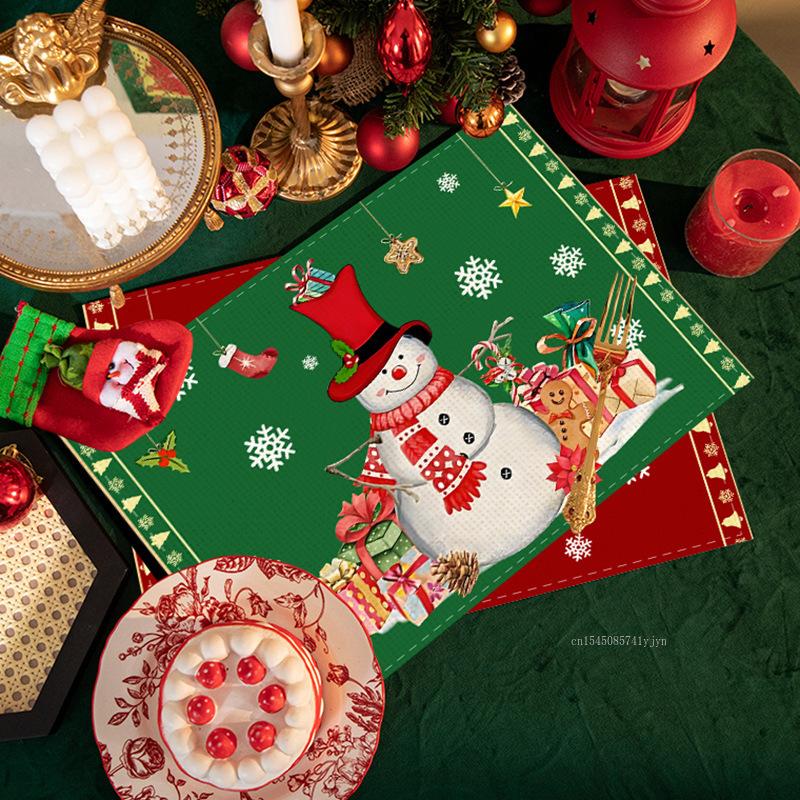 Christmas Cotton and Linen Printed Placemat Snowman Holiday Santa Claus Decor Coffee Cup Pad Mat for 2024 Kitchen Decoration