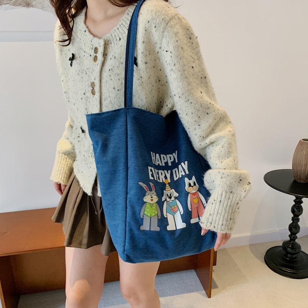 Cartoon Animal Denim Blue Handbag Large Capacity Women Canvas Bag Cute Double-sided Tote Bag  Daily