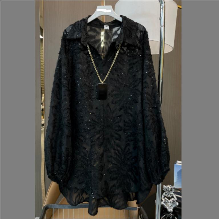Spring and Summer Jacquard and Slim and Fashionable Mid-length Long-sleeved Shirt Button Cardigan Loose and Elegant Top