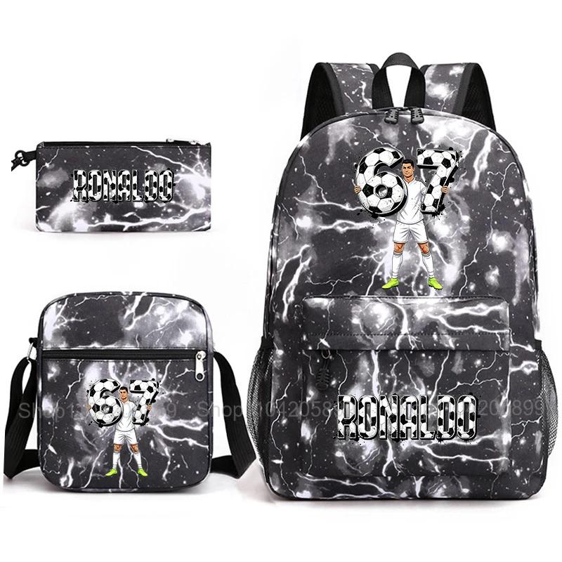 CR7 Ronaldo Rucksack Fußball 67 Aufdruck Schultasche Mit Umhängetasche & Federmäppchen Für Schüler Jungen Geschenk Tägliches Reisen Rucksack