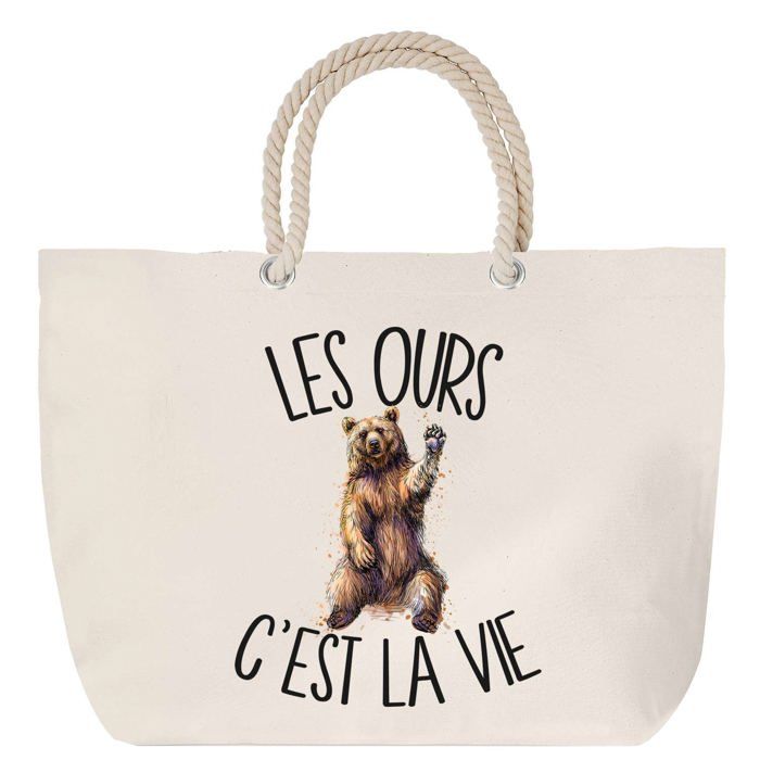 Sac de plage - PLANETEE - Ours "C'est la vie" - Anse corde - Grand format - Coton