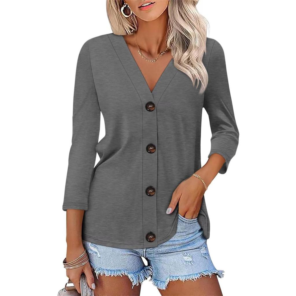 Women's Fashion Casual Solid Color Button-down Shirt 3/4 Long Sleeve Tops