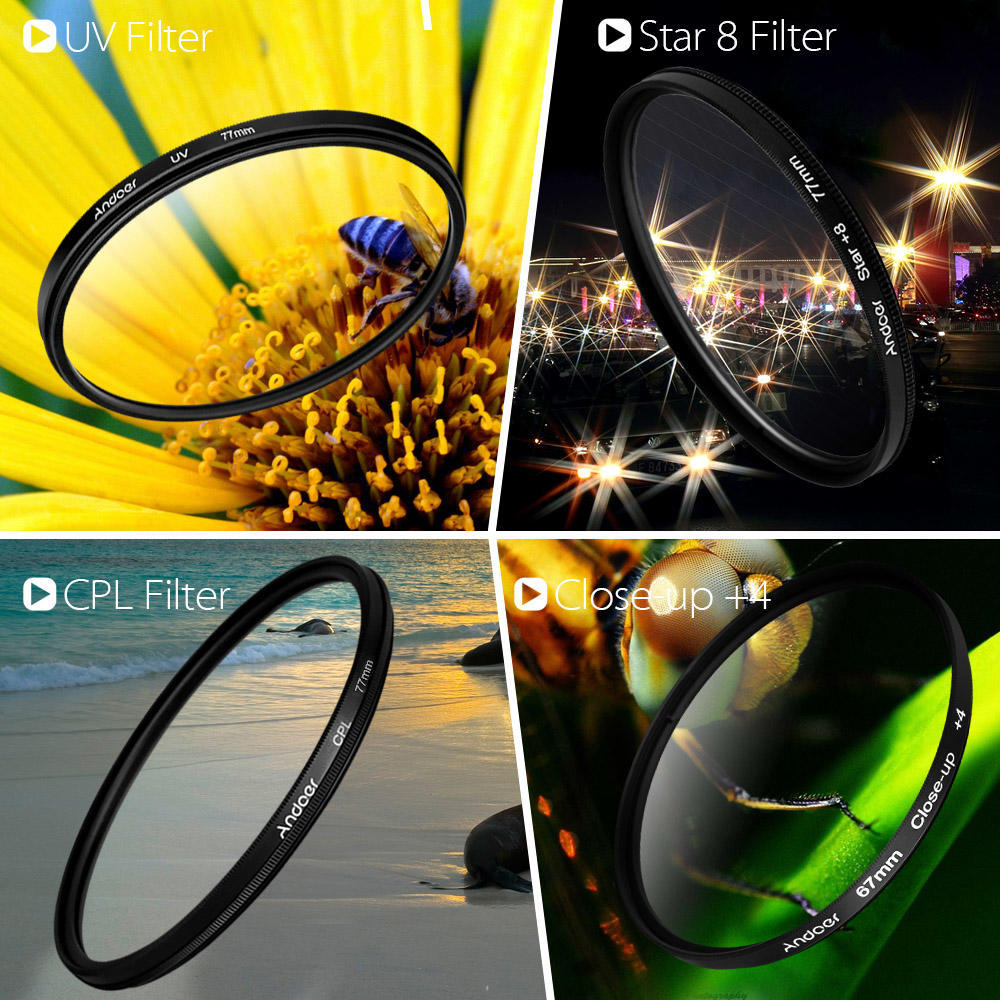 Andoer 58mm UV+CPL+Star8+Close-up (+1 +2 +4 +10) Photography Filter Ultraviolet Circular-Polarizing