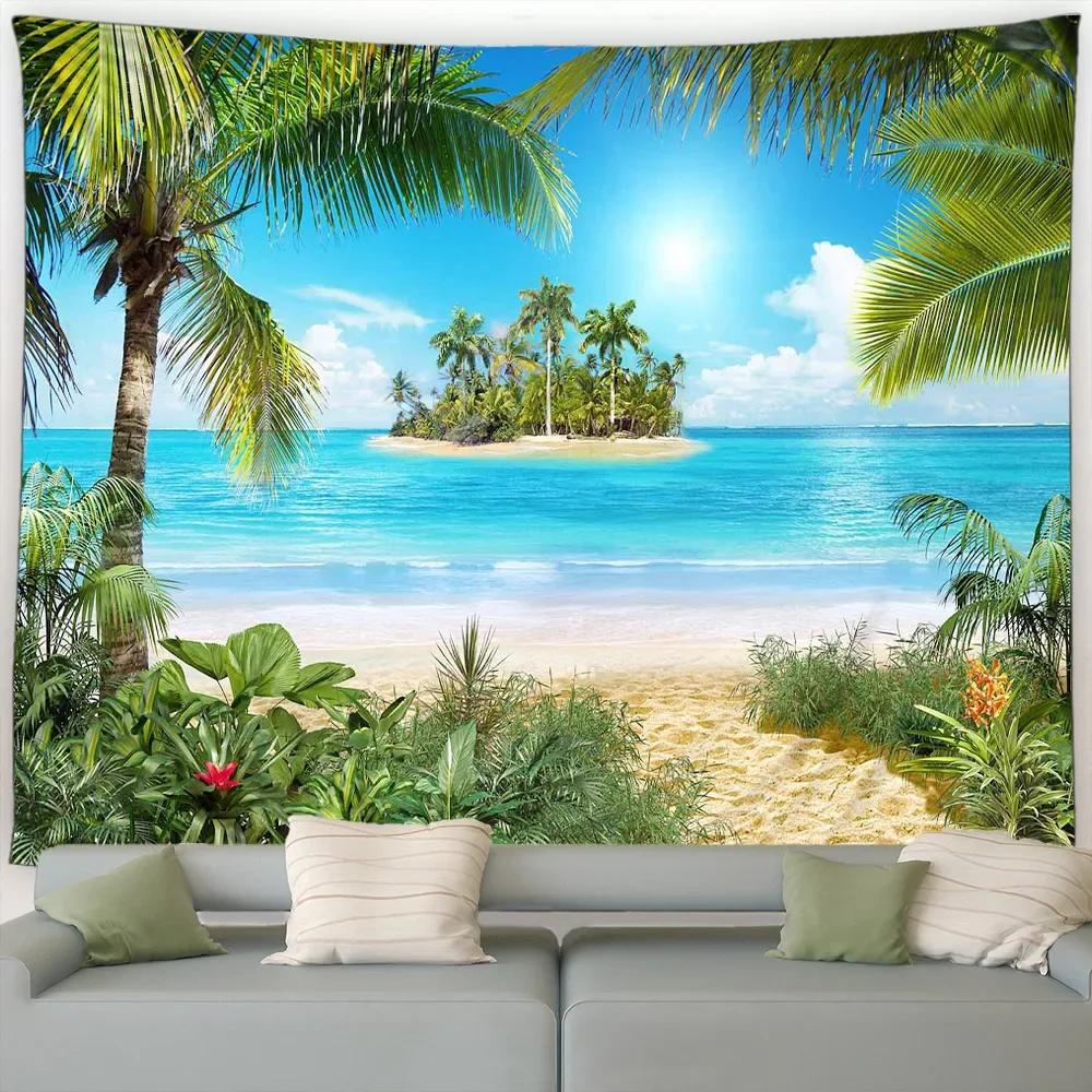 Island Landscape Wall Hanging Tapestry – Beach with Palm Trees At Dusk, Ocean Waves Fabric Art for Living Room, Dorm, Home Decor