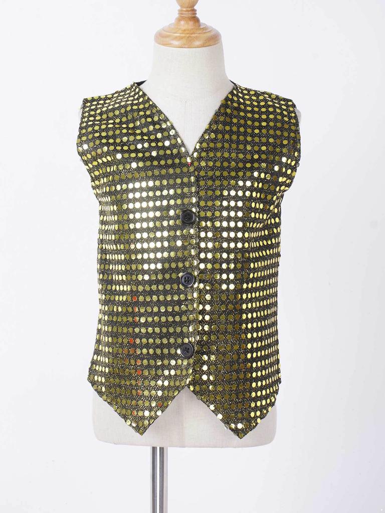 Jungen Mädchen Performance Weste Ärmellos V-Ausschnitt Knopfverschluss Pailletten Stil Einfarbig Bühnenbekleidung