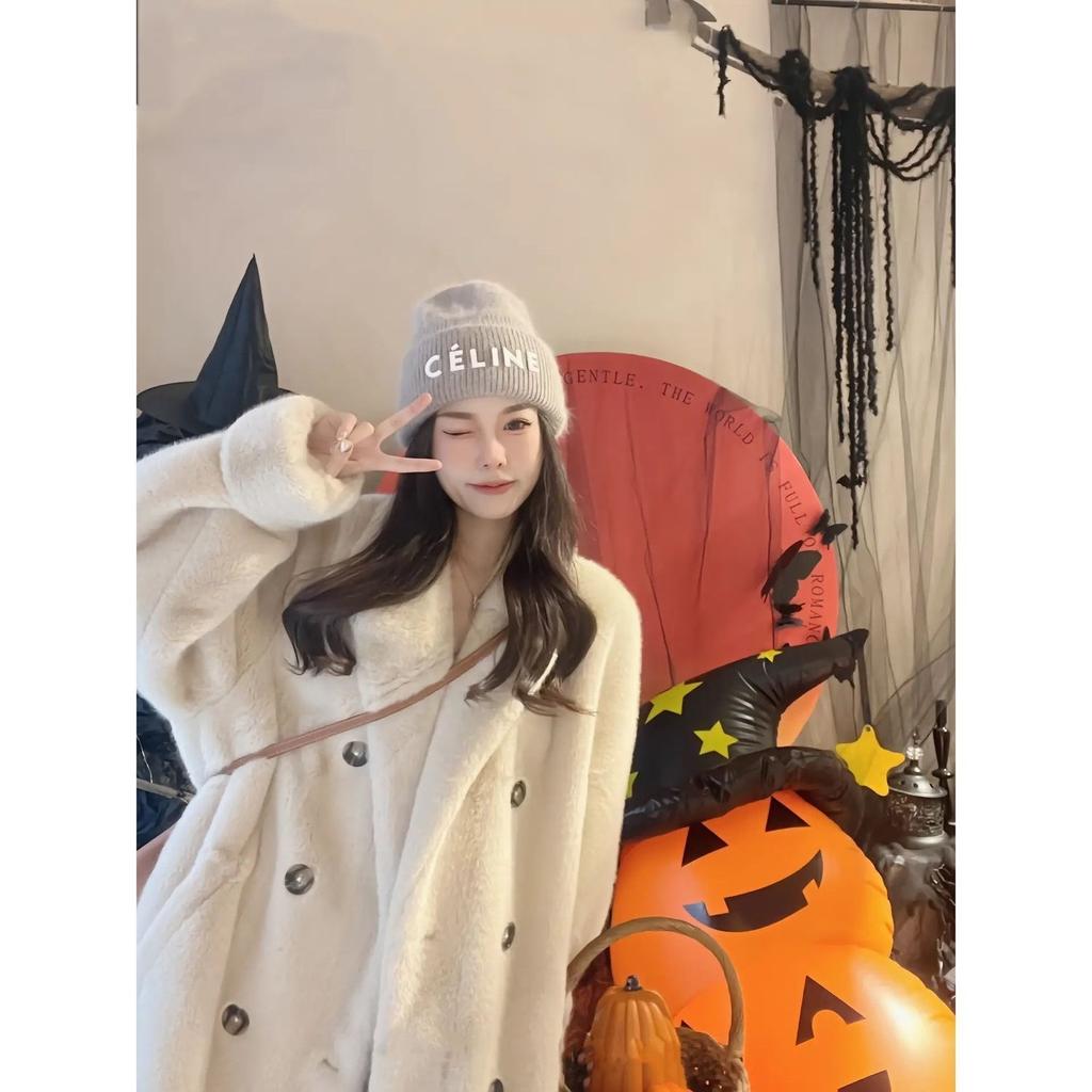 Winter thickened medium and long suit collar imitation mink plush fur coat plus cotton lazy wind coat