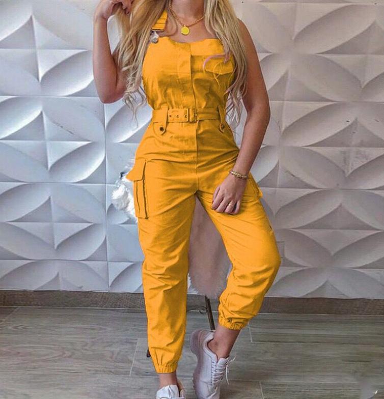 Autumn Women's Clothing Bodysuit Jumpsuit Simple Zipper Cargo High Waisted Conjoined Body Pants Sleeveless Strap Trousers