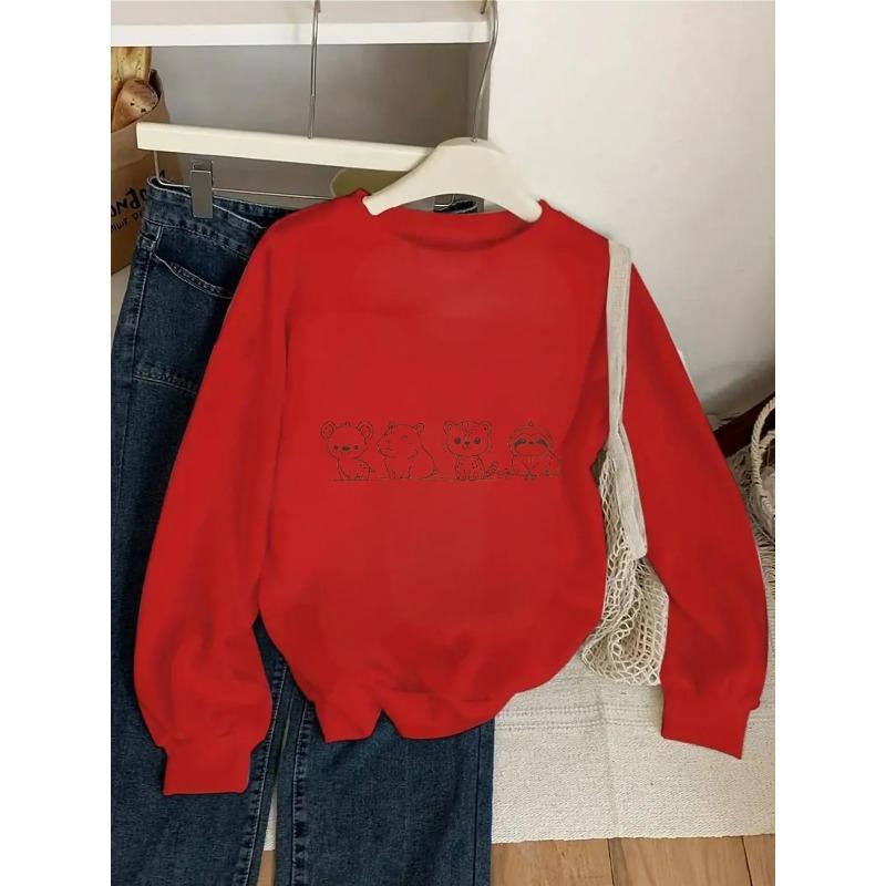 Crewneck Sweatshirt for Girls Featuring Adorable Animal Designs, Suitable for Machine Washing