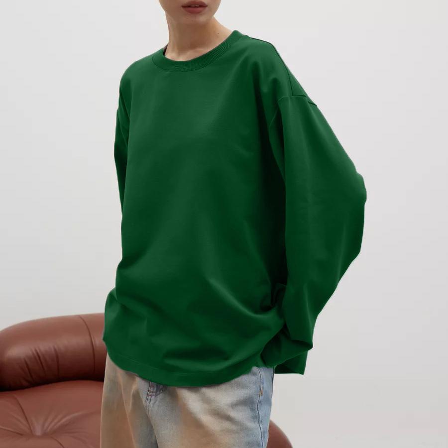 260g Pure Cotton Solid Colour Long Sleeve T-Shirt Women Loose Casual Round Neck Top
