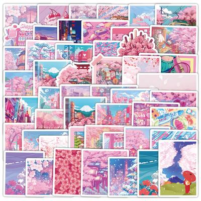 50pcs Cherry Blossom Series Doodle Stickers for Mobile Phones and Computers, Waterproof Decorative Stickers, Creative DIY Stationery Stickers