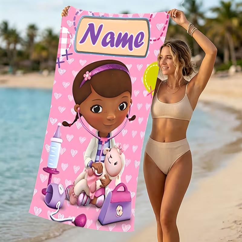 Customizable personalized beach towels Doc McStuffins themed designs.Suitable for the beach, yoga, sports;ideal as beach accessories