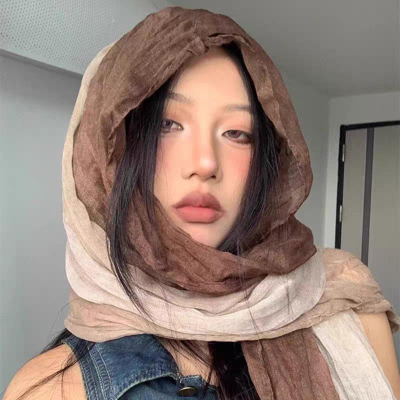Ethnic Style Silk Scarf Female Wasteland Style Linen Fold Gradual Change Headscarf Desert Concave Shape Spice Girl Scarf Shawl
