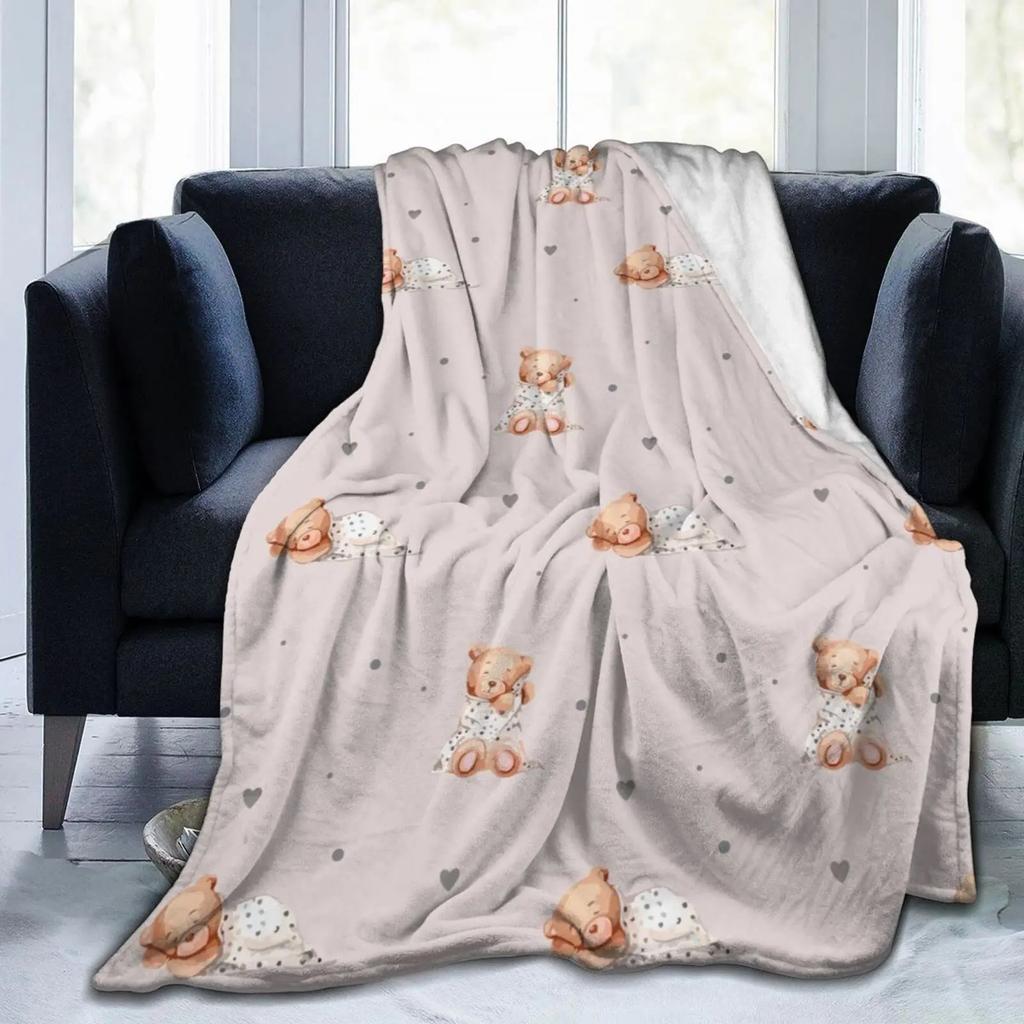 Cute Bear Doll Print Blanket Super Soft Four-Season Decorative Flannel Blanket