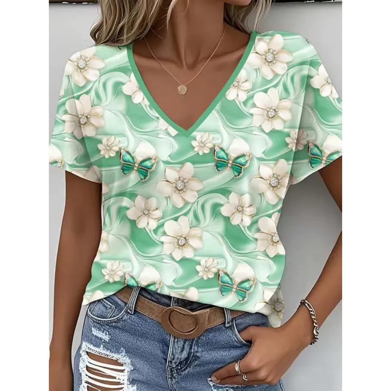 Summer New Women's T-shirt Fashionable Casual Versatile Plant Vacation Style 3D Printed V-neck Short Sleeved Top
